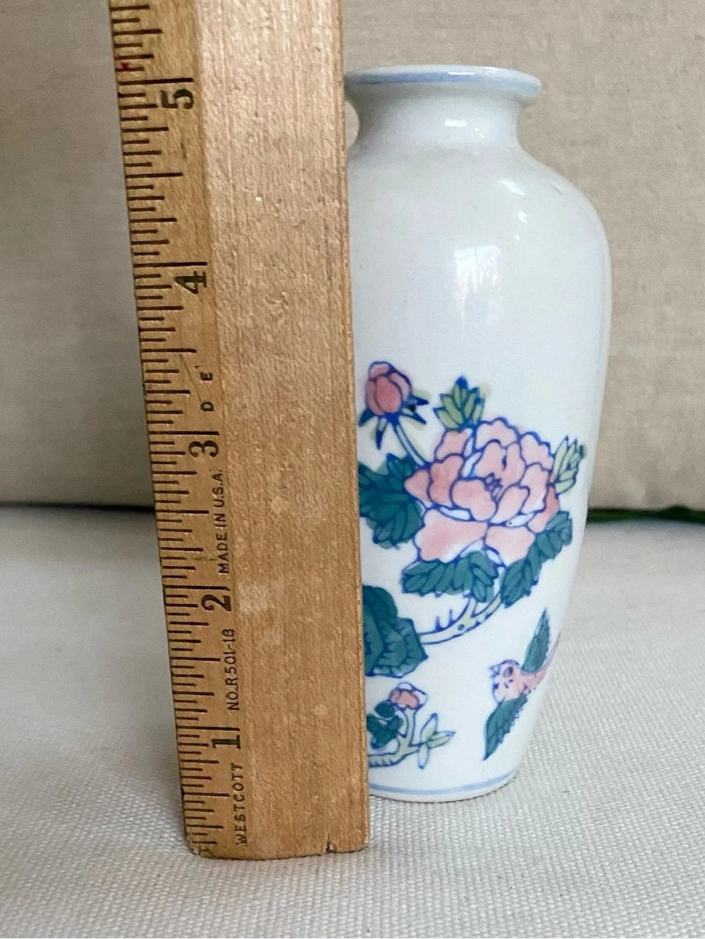 VTG Chinoiserie Porcelain Vase Pink Flowers Birds Butterflies Blue Green 5”